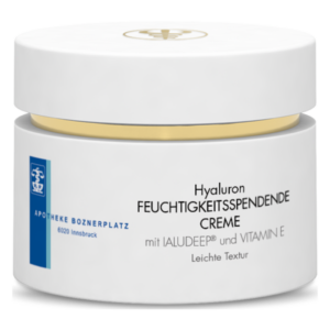 Weiße Cremeverpackung mit goldenen Details, beschriftet mit 'Hyaluron FEUCHTIGKEITSSPENDE CREME', enthält IALUDEEP® und Vitamin E.