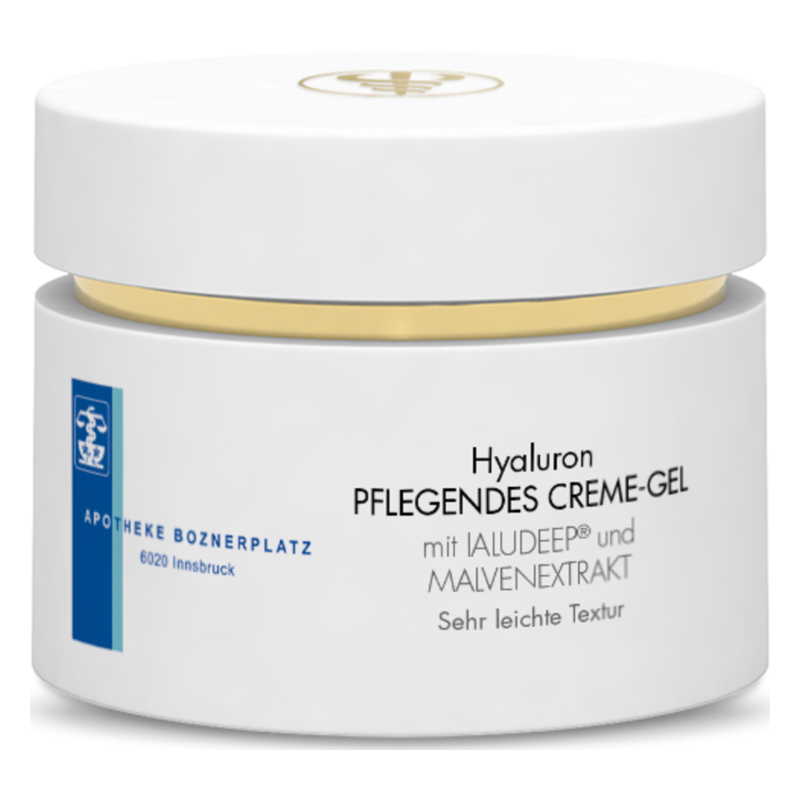 Weißes Tiegelgefäß mit goldener Schraubkappe, beschriftet mit "Hyaluron PFLEGENDES CREME-GEL" und Inhaltsstoffen.