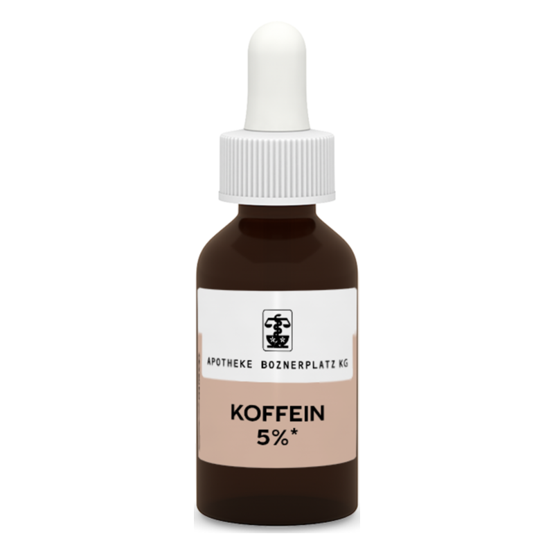 Braune Glasflasche mit Pipette, beschriftet mit "Koffein 5%", von Apotheke Boznerplatz KG.