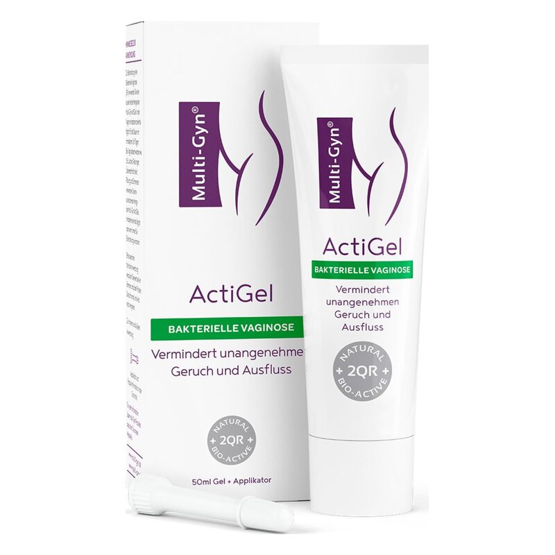 Tube mit Multi-Gyn ActiGel zur Behandlung bakterieller Vaginosen, inklusive einem Applikator.