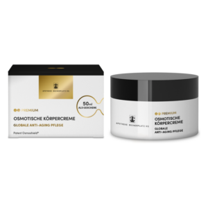 Osmotische Körpercreme in einem runden Behälter neben der Verpackung mit Angaben zur Anti-Aging Pflege.
