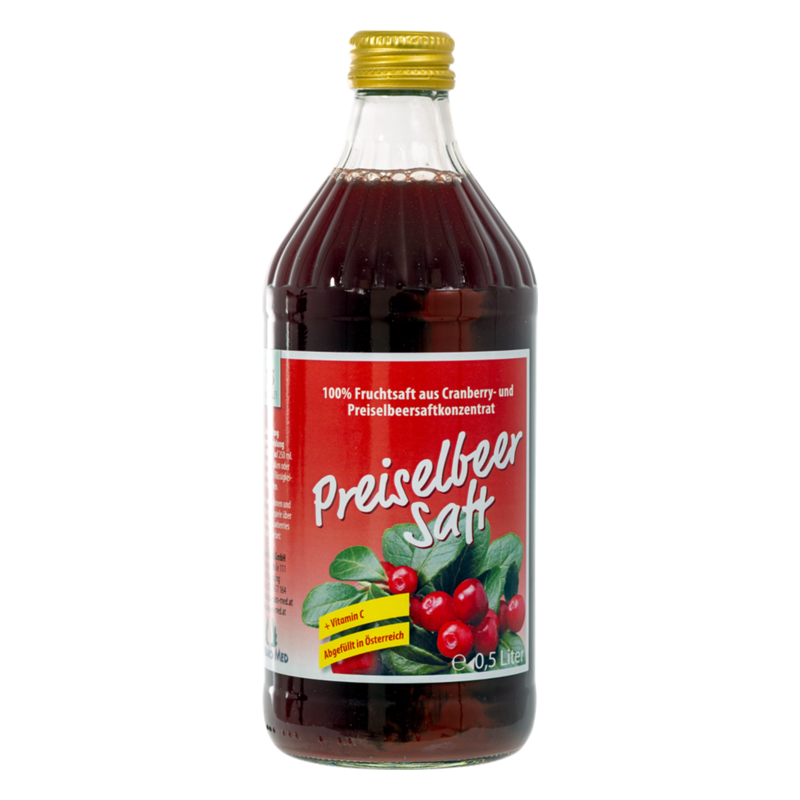Eine Flasche Preiselbeersaft mit rotem Etikett, enthält 100% Fruchtsaft aus Cranberry- und Preiselbeerkonzentrat.