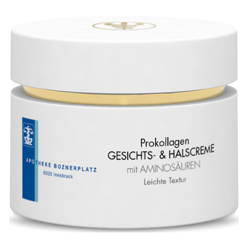 Weißer Tiegel mit goldfarbenem Deckel, beschriftet mit "Prokollagen Gesichts- & Halscreme" und Hinweis auf Aminosäuren.