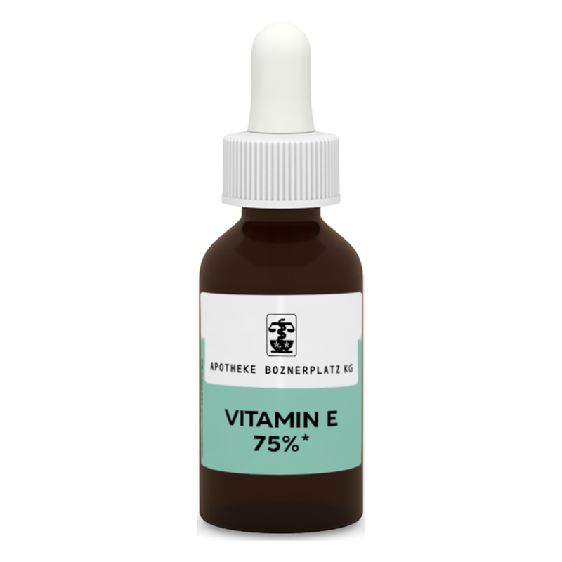 Braune Glasflasche mit Pipette, etikettiert mit "Vitamin E 75%" und einem Logo der Apotheke Boznerplatz.