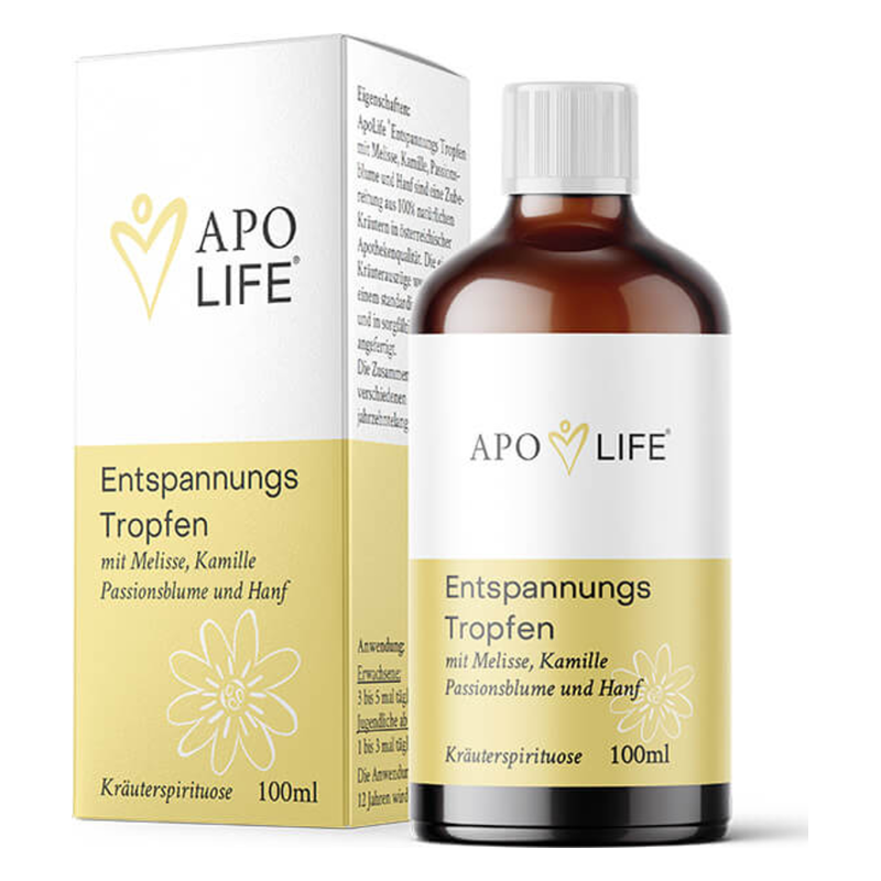 Braune Tropfenflasche mit gelbem Etikett, umgeben von einer weißen und gelben Verpackung mit Kräuterhinweisen.