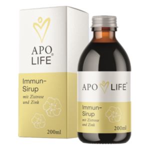Braunflasche mit Immun-Sirup und gelber Verpackung, beschriftet mit Zistrose und Zink.