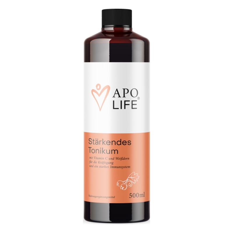 Flasche mit stärkendem Tonikum von APO LIFE, 500ml, enthält Vitamin C und Weißdorn für das Immunsystem.
