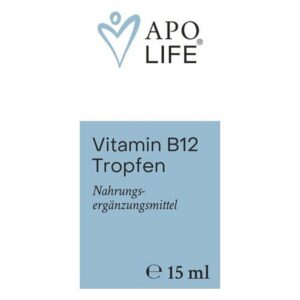 Verpackung für Vitamin B12 Tropfen in blauer Box, 15 ml, mit Hinweis auf Nahrungsergänzungsmittel.