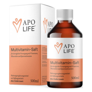 Braune Flasche mit Multivitamin-Saft und Verpackung in orange-weißer Gestaltung, 500ml, ohne Zuckerzusatz.