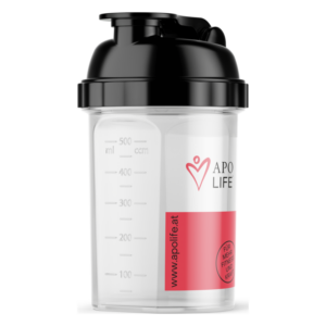 Transparenter Shaker mit schwarzem Deckel und gemessenen Einheiten in Millilitern, verziert mit einem Logo und Slogan.