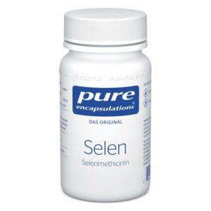 Weißes Fläschchen mit Schraubverschluss, beschriftet mit 'Selen Selenmethionin' von Pure Encapsulations.