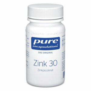 Weiße Kunststoffflasche mit blauem Etikett, enthält Zinkpicolinat von Pure Encapsulations, Originalprodukt.