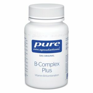 Weißer Kunststoffbehälter mit grauem Deckel, Aufschrift "B-Complex Plus" und "pure encapsulations".