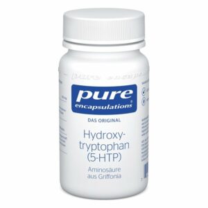 Weißer Plastiktiegel mit Schraubverschluss, beschriftet mit Hydroxytryptophan (5-HTP), 100 mg, von Pure Encapsulations.