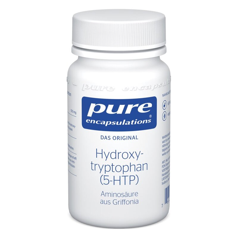 Weißer Plastiktiegel mit Schraubverschluss, beschriftet mit Hydroxytryptophan (5-HTP), 100 mg, von Pure Encapsulations.