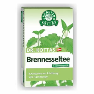 Verpackung von Dr. Kottas Brennnesseltee mit grünen Pflanzenmotiven und Info zur Anwendung.
