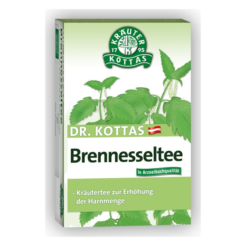 Verpackung von Dr. Kottas Brennnesseltee mit grünen Pflanzenmotiven und Info zur Anwendung.