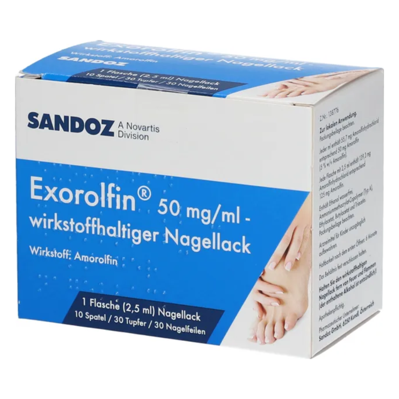 Verpackung des Exorolfin Nagellacks von Sandoz mit Hinweise zur Anwendung und Inhaltsstoffen.