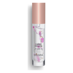 Flasche mit Lippenpflegeöl, durchsichtig mit eingelegten Blüten, rosa Deckel, Etikett ‚Flower Infusion‘.