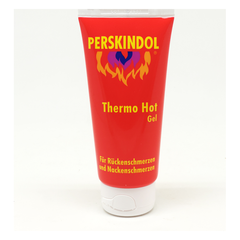 Rote Tube mit Perskindol Thermo Hot Gel, beschriftet für Rückenschmerzen und Nackenschmerzen, mit weißem Deckel.