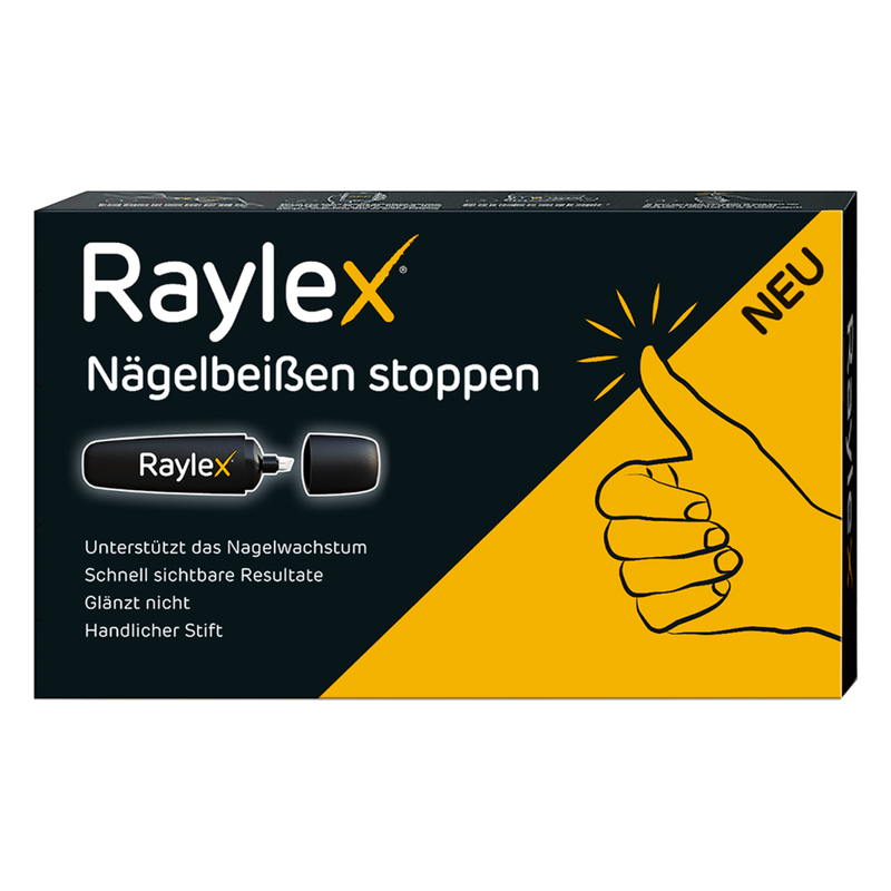 Verpackung von Raylex zum Stoppen des Nägelbeißens mit einem abgebildeten Handrumpf und dem Produktstift.