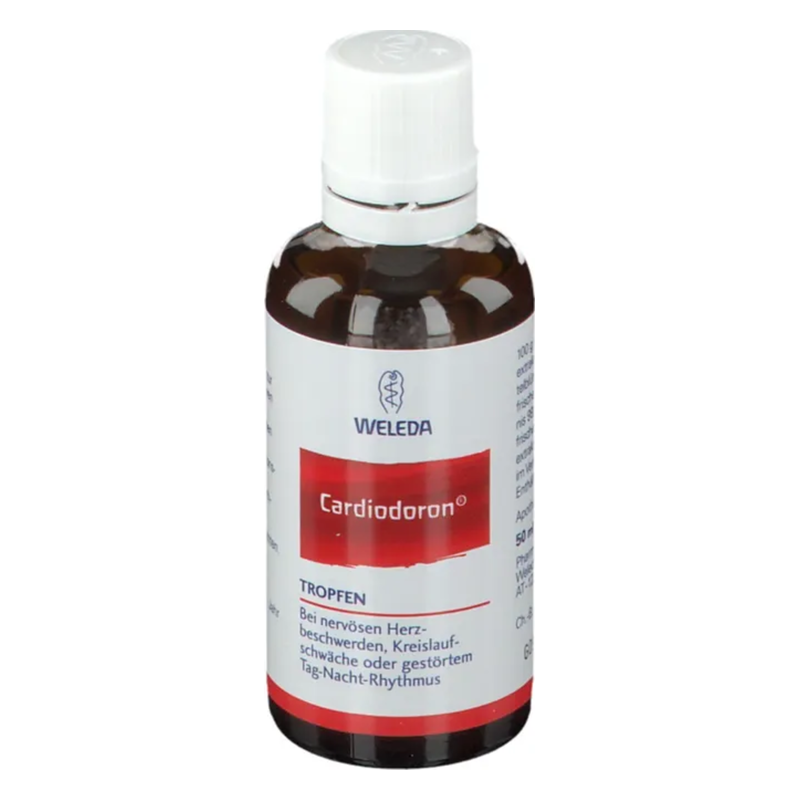 Braune Flasche mit Tropfen von Weleda, etikettiert als Cardiodoron, zur Unterstützung der Herz- und Kreislaufgesundheit.