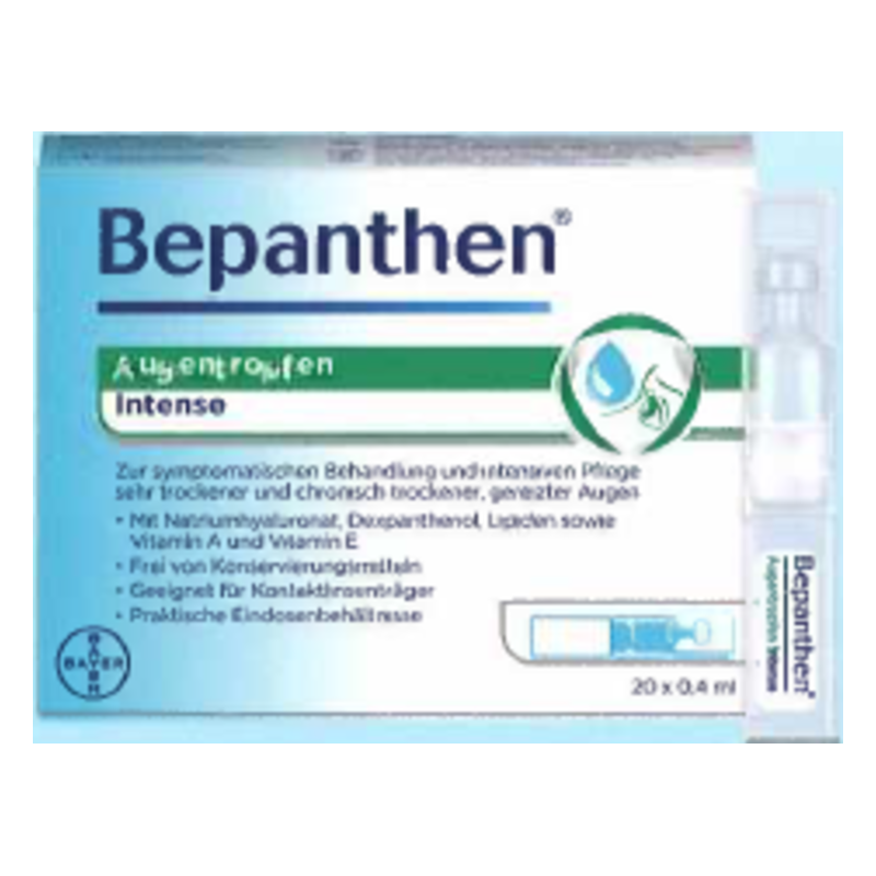 Verpackung von Bepanthen Augentropfen Intense, die zur Pflege trockener Augen gedacht sind.