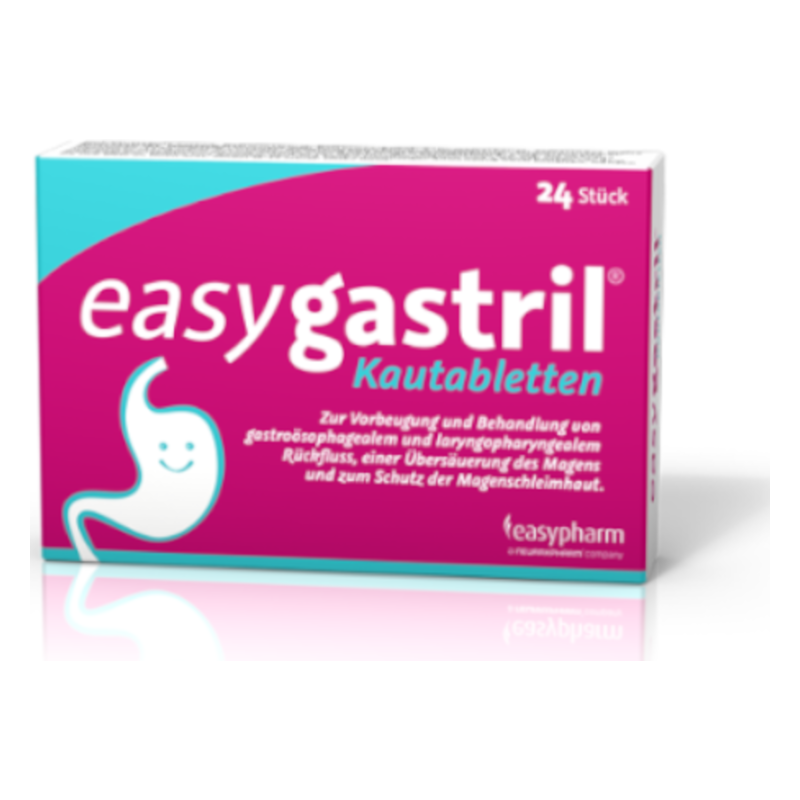 Packung easygastril Kautabletten zur Behandlung von Magenproblemen, mit abgerundetem Design und fröhlichem Gesicht.