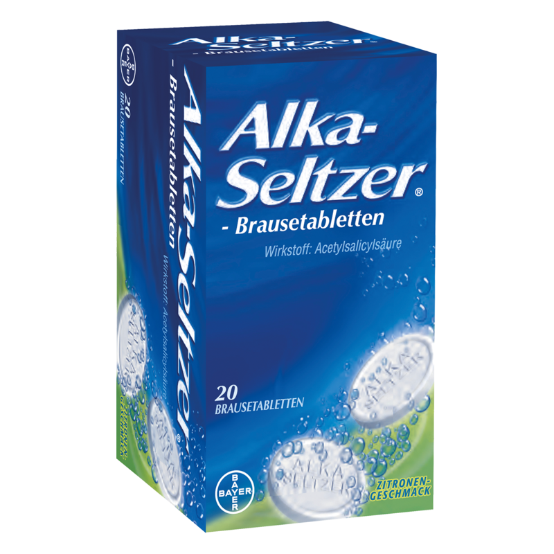 Verpackung von Alka-Seltzer Brausetabletten mit Zitronengeschmack und Inhaltsstoff Acetylsalicylsäure.