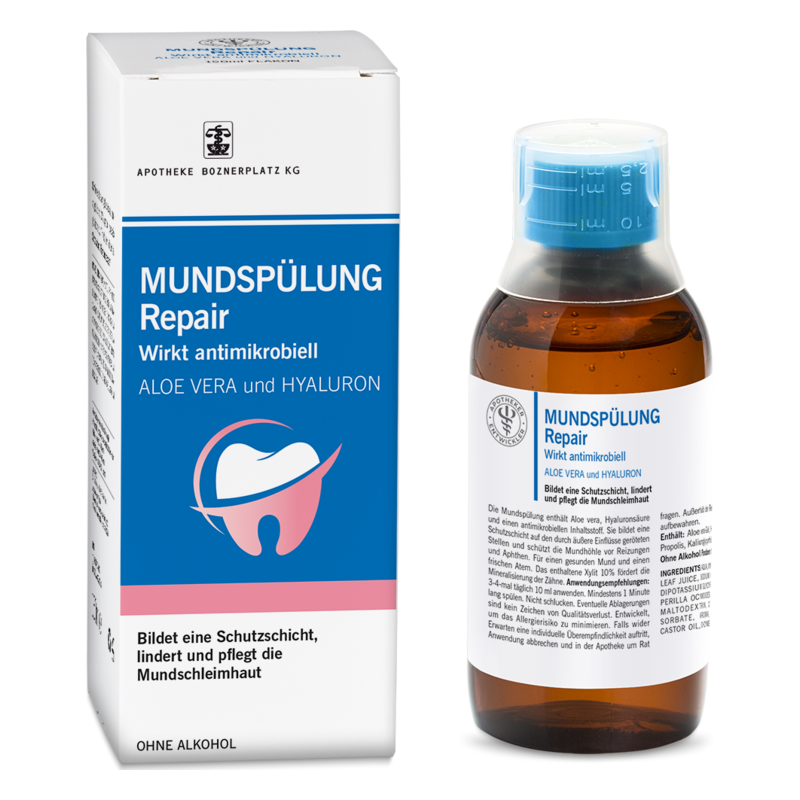 Mundspülung in einer braunen Glasflasche neben einer Verpackung mit blauer Aufschrift, enthält Aloe Vera und Hyaluron.