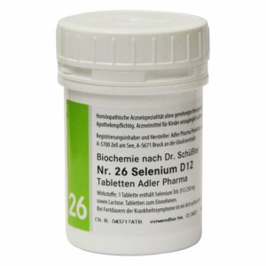 Weißer Kunststoffbehälter mit einem grünen Etikett, der homöopathische Tabletten mit Selenium D12 enthält.