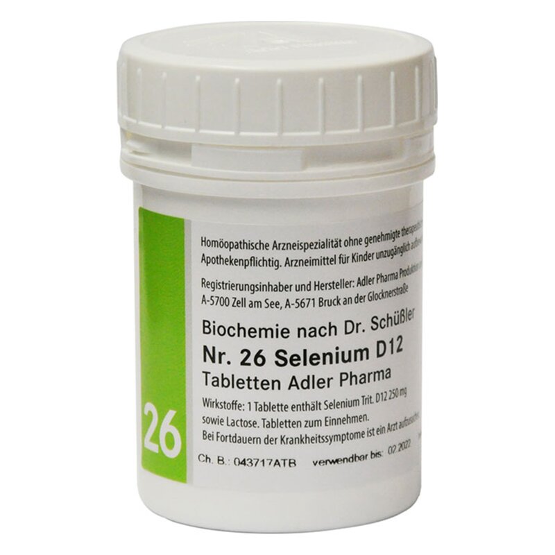 Weißer Kunststoffbehälter mit einem grünen Etikett, der homöopathische Tabletten mit Selenium D12 enthält.