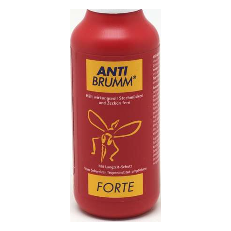 Rote Spraydose mit dem Aufdruck "ANTI BRUMM FORTE", Schutz gegen Stechmücken und Zecken, mit Langzeit-Schutz.