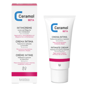 Tube und Verpackung von Ceramol Beta Intimcreme, enthält Hinweise zu Inhaltsstoffen und Anwendung, ohne Duftstoffe.