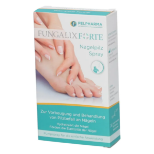 Verpackung des FUNGALIX Forte Nagelpilz Sprays mit abgebildeten Händen und Füßen. Enthält Anwendungsinformationen und Vorteile.