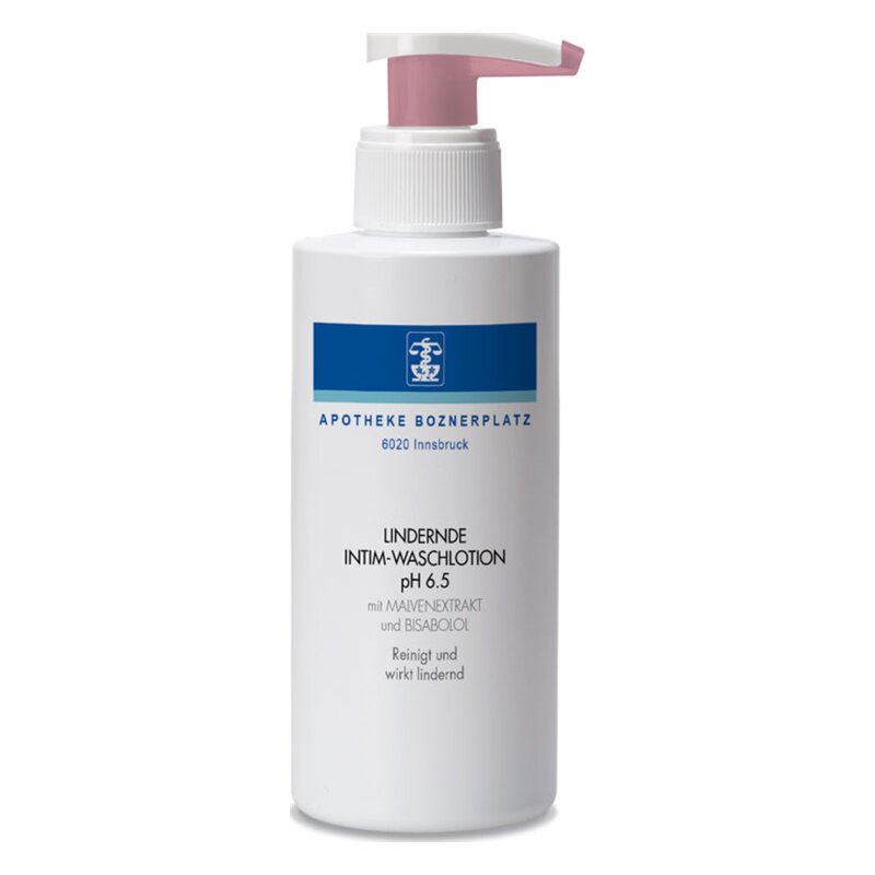 Flasche mit der Aufschrift 'Lindernde Intim-Waschlotion pH 6.5', Pumpkopf, Pflegeprodukt für empfindliche Haut.