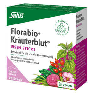 Verpackung von Florabio Kräuterblut Eisen Sticks, vegan, mit Lemongras-Himbeer-Geschmack, 20 Stück, informative Gestaltung.
