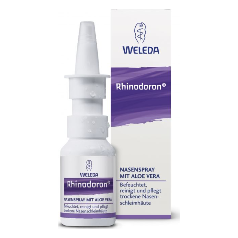 Weleda Rhinodoron Nasenspray mit Aloe Vera in einer weißen Sprühflasche und Verpackung mit lila Akzenten.