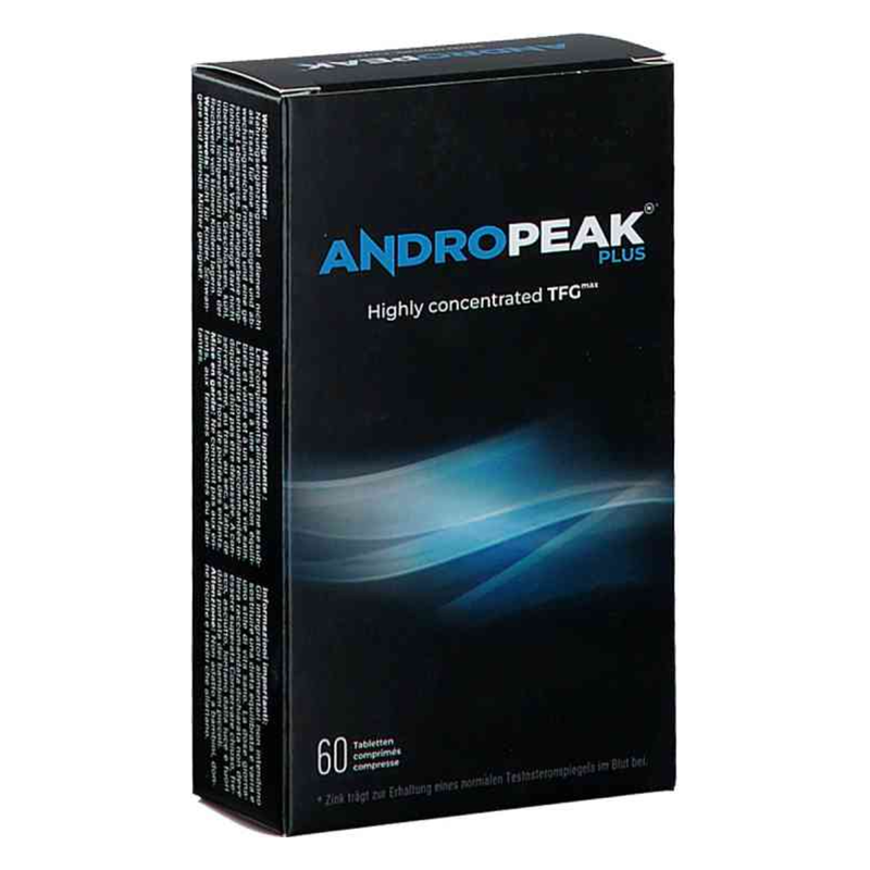 Schwarze Verpackung mit blauen Akzenten, enthält 60 Tabletten zur Unterstützung des Testosteronspiegels.