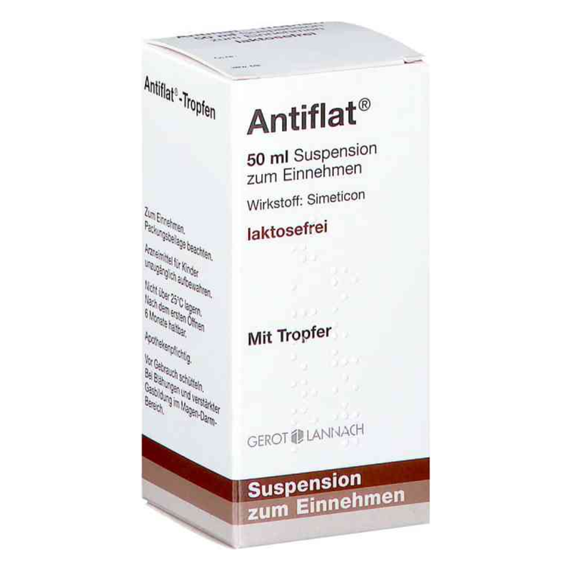 Packung Antiflat® Tropfen, 50 ml Suspension, laktosefrei, mit Tropfer, Wirkstoff Simeticon