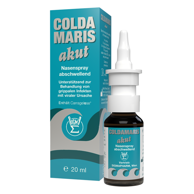 Packung und Flasche des Nasensprays Coldamaris akut, zur Behandlung von viralen grippalen Infekten, 20 ml.
