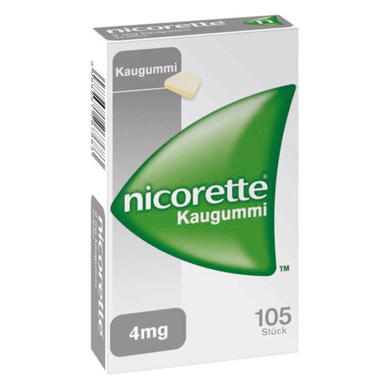Packung Nicorette Kaugummi, grüne Verpackung mit der Aufschrift '4mg' und 'Kaugummi', 105 Stück.