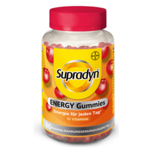 Transparente Flasche mit rotem Deckel, gefüllt mit roten Gummies, die Vitamine enthalten und Energie versprechen.