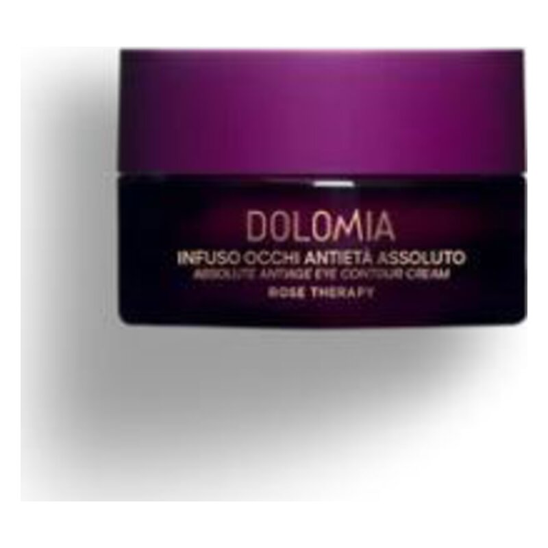 Augencreme in einem eleganten, dunklen Tiegel mit lila Deckel, beschriftet mit "Dolomia, Infuso occhi antietà assoluto".