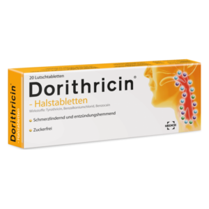Verpackung von Dorithricin Halstabletten mit orangem und weißem Design, angedeuteter Rachenillustration und Wirkstoffen.