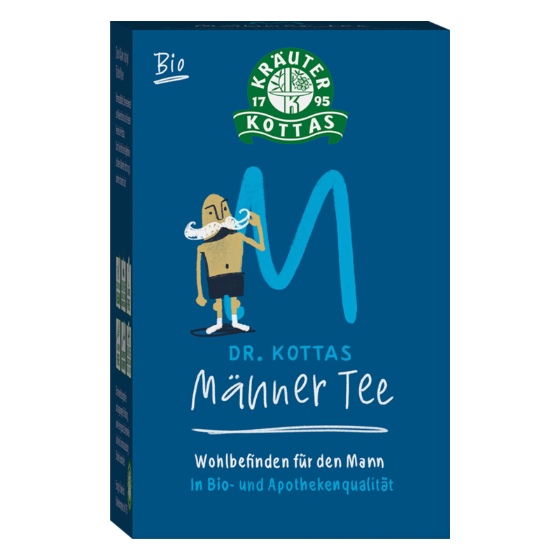 Verpackung von Dr. Kottas Männer Tee in blauer Box mit einem stilisierten Mann mit Bart und der Beschriftung 'Wohlbefinden für den Mann'.