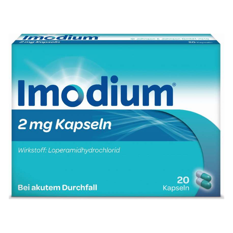 Packung mit Imodium 2 mg Kapseln gegen akuten Durchfall, enthält den Wirkstoff Loperamid.