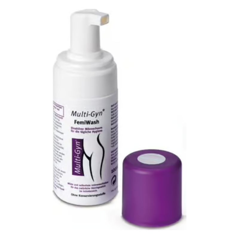Flasche mit Pumpspender für Multi-Gyn FemiWash, ergänzt durch einen lila Deckel.