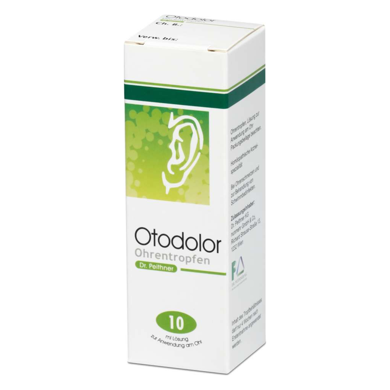 Verpackung der Ohrentropfen Otodolor mit einem Ohr-Symbol und grüner Hintergrundgestaltung.