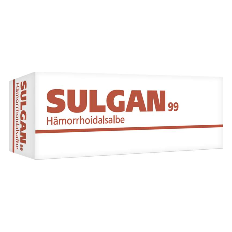 Weiße Verpackung mit rotem Schriftzug 'SULGAN 99' und dem Hinweis 'Hämorrhoidalsalbe'.